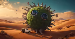 a strange thing is sitting on the sand with big eyes