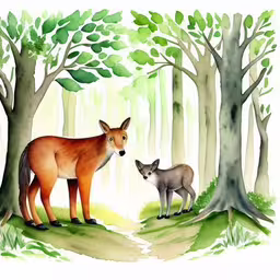 an adult deer and baby deer in a forest,a painting of two animals in the woods,the baby deer and mother deer look at each other,an illustration of an adult fox with a baby animal,a fox and her cub are in a clearing among the trees