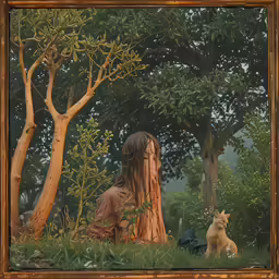 the painting depicts a man and a dog in a forest with trees