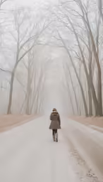 a person walking down a snowy road between trees