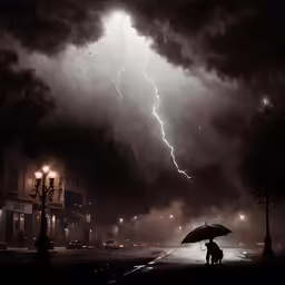 a person holding an umbrella while a lightening cloud hovers above