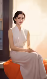 a woman sitting on top of an orange chair wearing a white dress