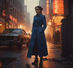 a woman standing on a rain soaked street next to traffic,a woman in a blue trench coat stands on a street