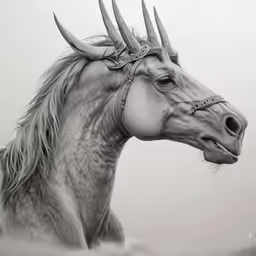 a horse with very long horns looks at the camera