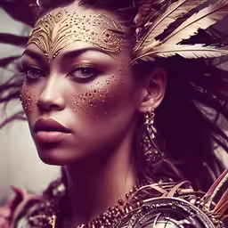 a woman with gold jewelry and feathers is shown