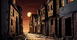 the sun is setting in an old town,an image of sun setting in the city