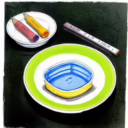 a pair of markers next to a blue plate