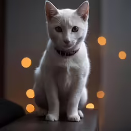 a white cat wearing a red collar sitting on a brown table