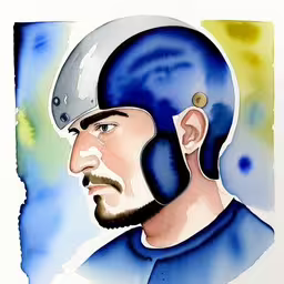 a water color drawing of a man with a helmet on,a painting of a male baseball player with his cap