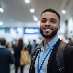 a smiling man stands in a crowded lobby
