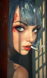 a lady with a cigarette with a bloody blood scene on it