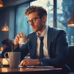 the man in a suit is drinking from a coffee mug