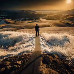 a person standing on the edge of a snow covered hillside