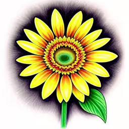 a yellow sunflower with a green center and leaves,the colors of a flower on a white background,this is a yellow sunflower and has a green stem,an illustration of a sunflower with green leaves on the stem,a colorful sunflower with green leaves is depicted
