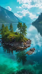 a small island surrounded by trees on the water