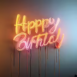 a neon sign with the words happy birthday hanging on a wall