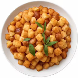 small croutons with leafy leaves in white bowl