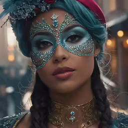 a woman wearing a blue masquerade on her face