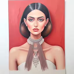 an art piece depicting a model with a diamond necklace,a painting of a girl with a long necklace,a painting of a woman with jewelry hanging on a wall,a drawing of a woman wearing a high fashion choker,painting of a woman wearing a choker and a chain necklace