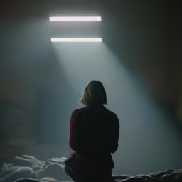 person in the dark sitting under a light