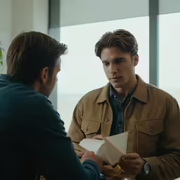 a man holding a piece of paper is talking to another person