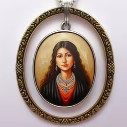 an oval pendant featuring an icon of a lady wearing a choker,the painting is in an oval frame with a black coat,a portrait of a woman in an ornate frame is shown,a painting hanging in a circle on a white wall,a painting of a woman is hanging on a necklace