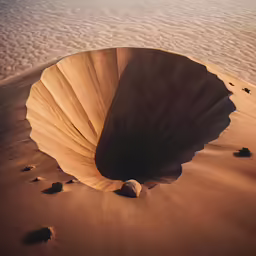 a desert like area with a large shell on the sand