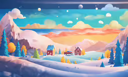 a painting of an alpine mountain and house at night,an art painting of winter landscape with snow and mountains