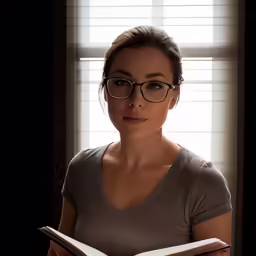 a young girl in glasses holds an open book
