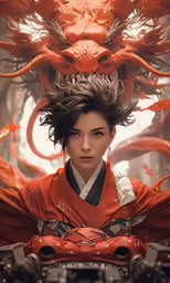 an asian lady wearing red and black hair
