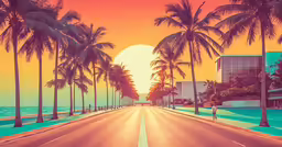 this is a colorful picture of palm trees on a highway