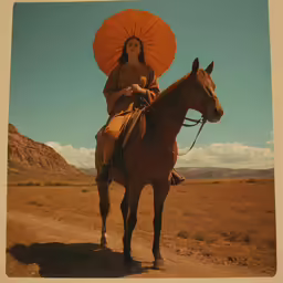 there is an asian woman with a parasol riding a horse