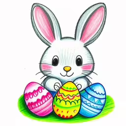 an easy to draw happy bunny holding some eggs,an image of a white rabbit with four eggs