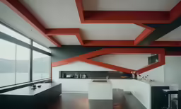 a kitchen with red trim on the ceiling and counters