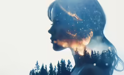 a woman is shown looking up at trees