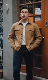 man in brown shirt leaning against door and standing