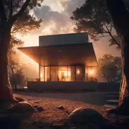 a modern home surrounded by trees and mountains