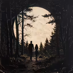a man and woman walk through a forest on a trail under a full moon