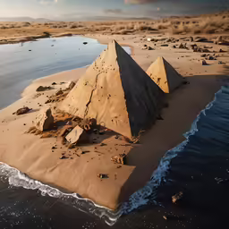 a stone pyramid is sitting on the sand near the water
