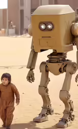 a little boy standing next to a robot in the desert
