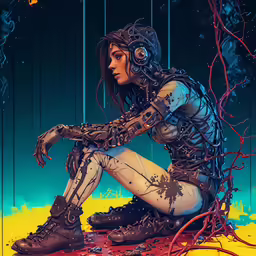 a woman with headphones on is squatting down