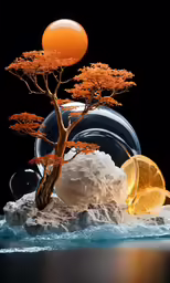 a couple of plates and an orange tree with fruit on top