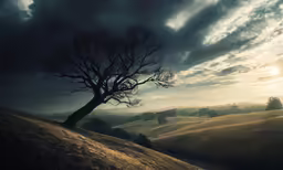 a tree in the middle of a field with clouds