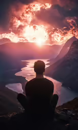 person looking over a large lake at sunset