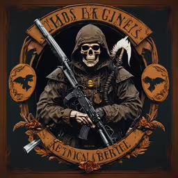 a skeleton with a machine gun and a shield,a poster with the skeleton and gun in a circle