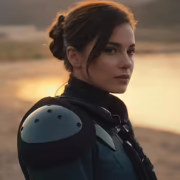 a young woman in military gear standing on a sandy beach