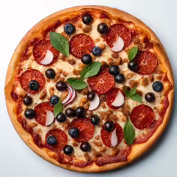 a pizza topped with various toppings on a white plate
