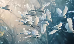 flock of white cranes flying through the air