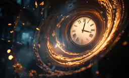 an analog clock with a spiral of fire around it