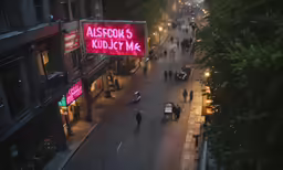 an overhead view of city streets with many people